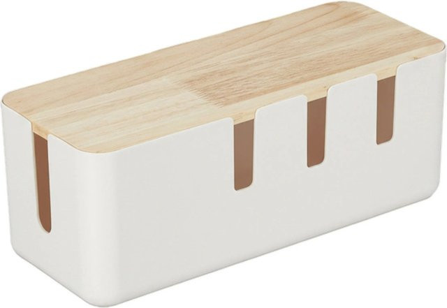 Relaxdays Kabelbox aus Kunststoff mit Holzdeckel in Weiß für 2 Steckdosenleisten, B/T/H: 30,5 x 12,5 x 11,5 cm - Bild 1