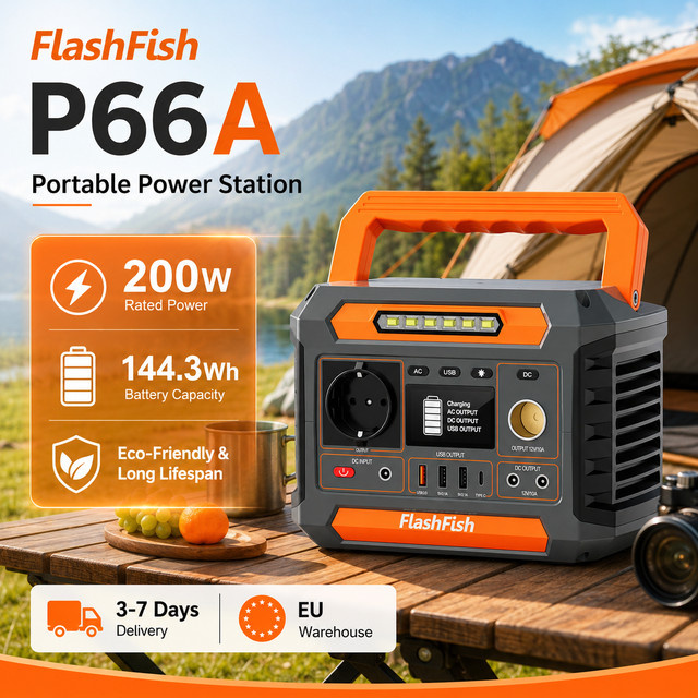 Tragbare Powerstation FlashFish P66A Mini-Solargenerator 200W 144,3Wh in Schwarz für Camping und Outdoor-Reisen - Bild 1