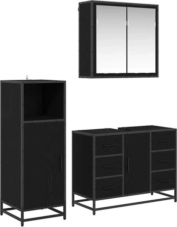 vidaXL Badezimmermöbel Set 3-teilig in Schwarz und Eiche aus Holzwerkstoff mit Spiegelschrank, Waschbeckenunterschrank und Badezimmerschrank, Wandmontage