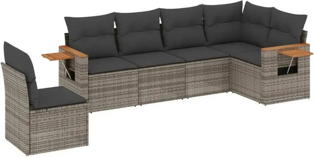 vidaXL 6-teilige Garten-Sofagarnitur in L-Form aus Poly-Rattan, Akazienholz und pulverbeschichtetem Stahl in Grau mit Sitzkissen und Rückenkissen - Bild 1
