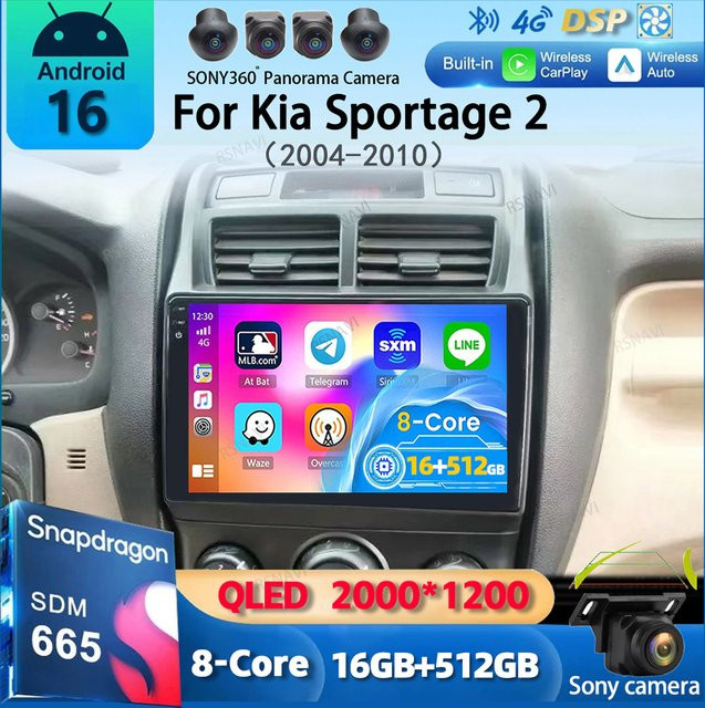 YUERADIAO Android 16 Autoradio für Kia Sportage 2 (2004-2010) mit GPS Navigation, Multimedia Videoplayer und Wireless Carplay in Schwarz - Bild 1