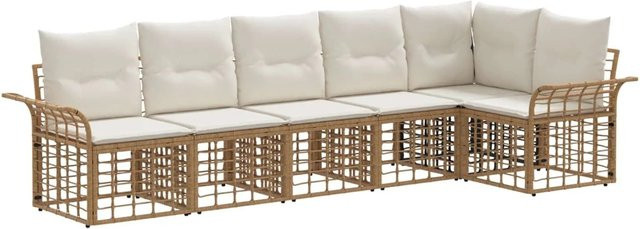 vidaXL Outdoor-Sofagarnitur aus Polyrattan in L-Form mit 6 Teilen, Natur und Cremeweiß, inklusive Polster und Ottomanen - Bild 1