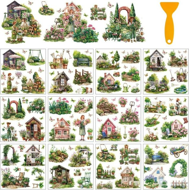 12-Blatt-Transferaufkleber im Vintage-Gartendesign mit Häusern, Gartenwerkzeugen und Schmetterlingen, Mehrfarbig - Bild 1