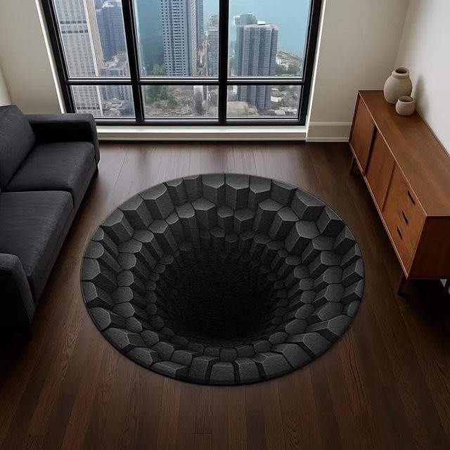 Runder Teppich Lodestar Illusion 3D Sechskant Tunnel in Graphitschwarz, Durchmesser: 80 cm - Bild 1