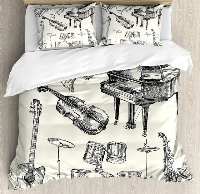 Wucifang Bags Bettwäsche-Set mit Rockmusik-Gitarren-Design, bestehend aus Bettbezug und Kissenbezügen, Farbe: Weiß, B/H: 135 x 200 cm - Bild 1