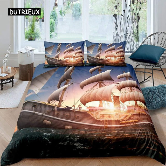 Bettbezug-Set mit Segelbooten und Sonnenuntergang von Binchi Outdoor Product, Mikrofaser, Marine-Muster, Mehrfarbig, B/H: 180 x 210 cm - Bild 1