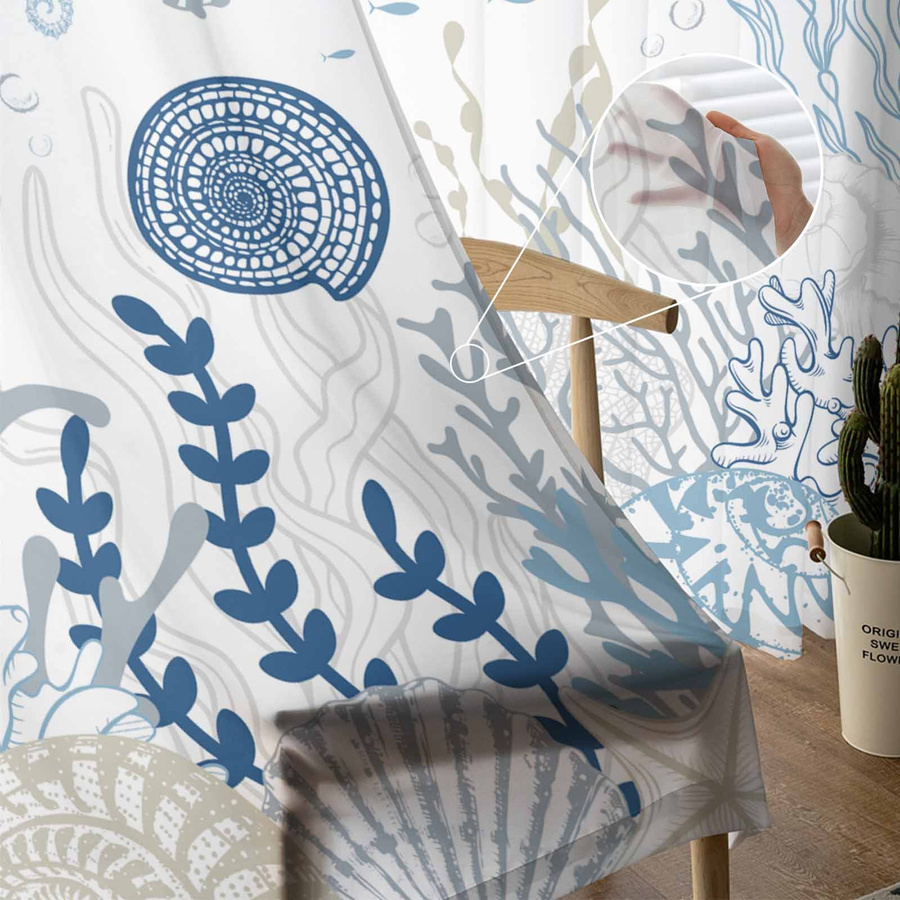 Super Six Chiffon-Fenstervorhänge mit Marinekoralle und Schildkröten-Motiv in Blau, B: 135 cm, H: 183 cm - Bild 2