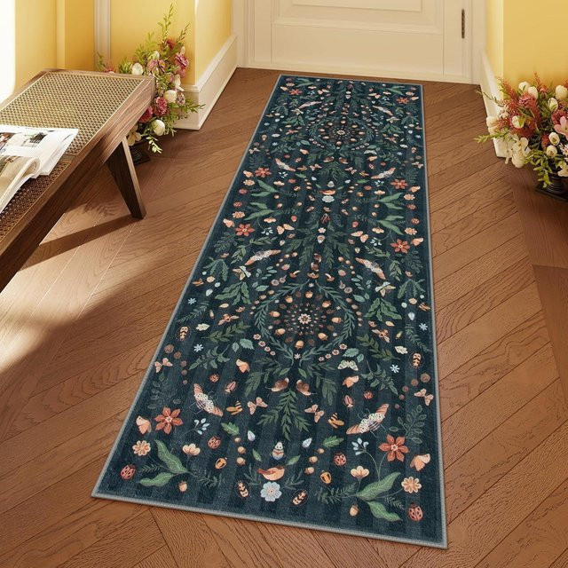 Vintage Botanischer Läuferteppich Lodestar mit Blumen-Schmetterlings-Vogelmuster in Multicolour, B/T: 50 x 150 cm - Bild 1