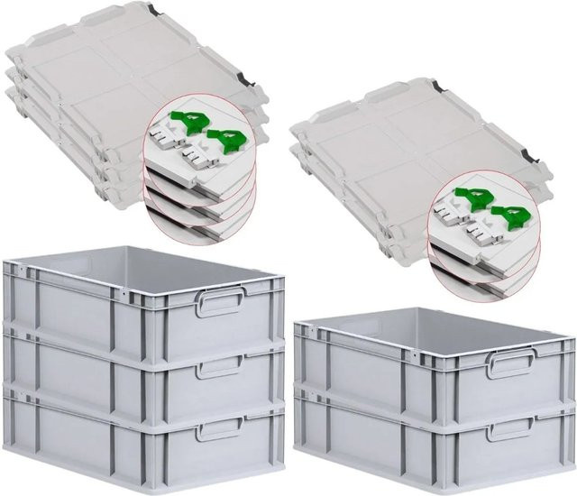 PROREGAL SuperSparSet 5x Eurobox NextGen Grip mit Scharnierdeckel und grünen Schiebeschnappverschlüssen, Grau, H: 17 cm, B: 40 cm, T: 60 cm - Bild 1