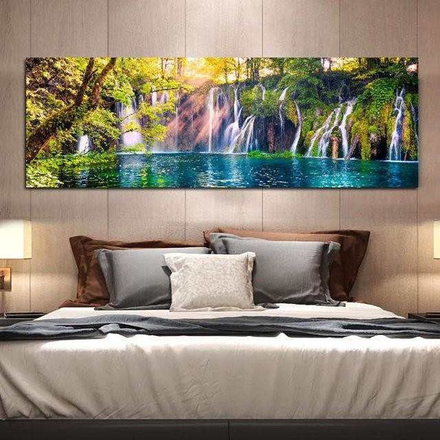Moderne Leinwandmalerei Landschaft Herbst Natur mit grünem Baum als Wandbild für dein Zuhause, Breite: 60 cm, Höhe: 120 cm - Bild 1