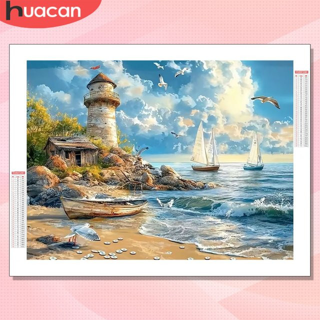 HUACAN Diamant-Malset Leuchtturm und Meereslandschaft als DIY Mosaik-Kunstset in Mehrfarbig, B/H: 30,0 x 20,0 cm - Bild 1