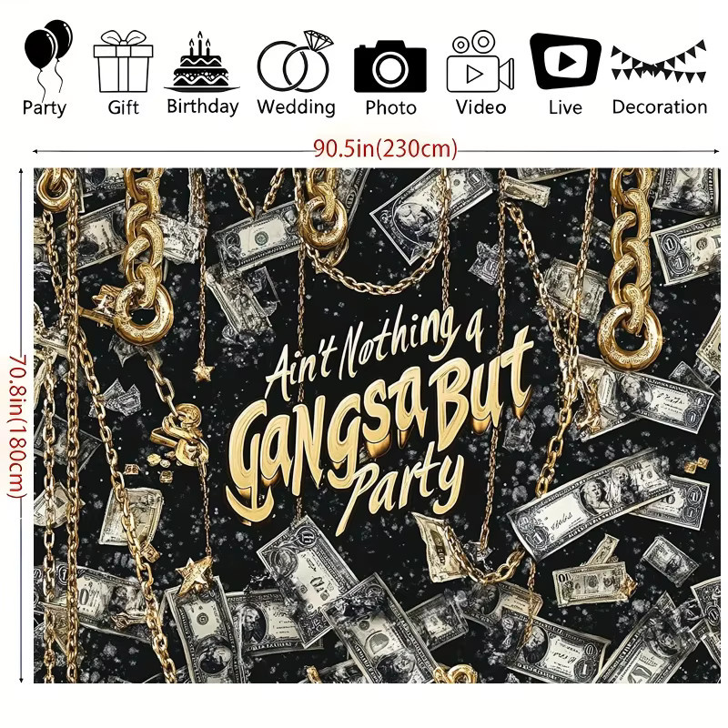 2DPlane Gang Party Hintergrundbanner mit Hip-Hop-Thema und schwarzem Geldmuster in Schwarz und Blau, ideale Dekoration für Rap-Geburtstage und Junggesellenabschiede - Bild 3