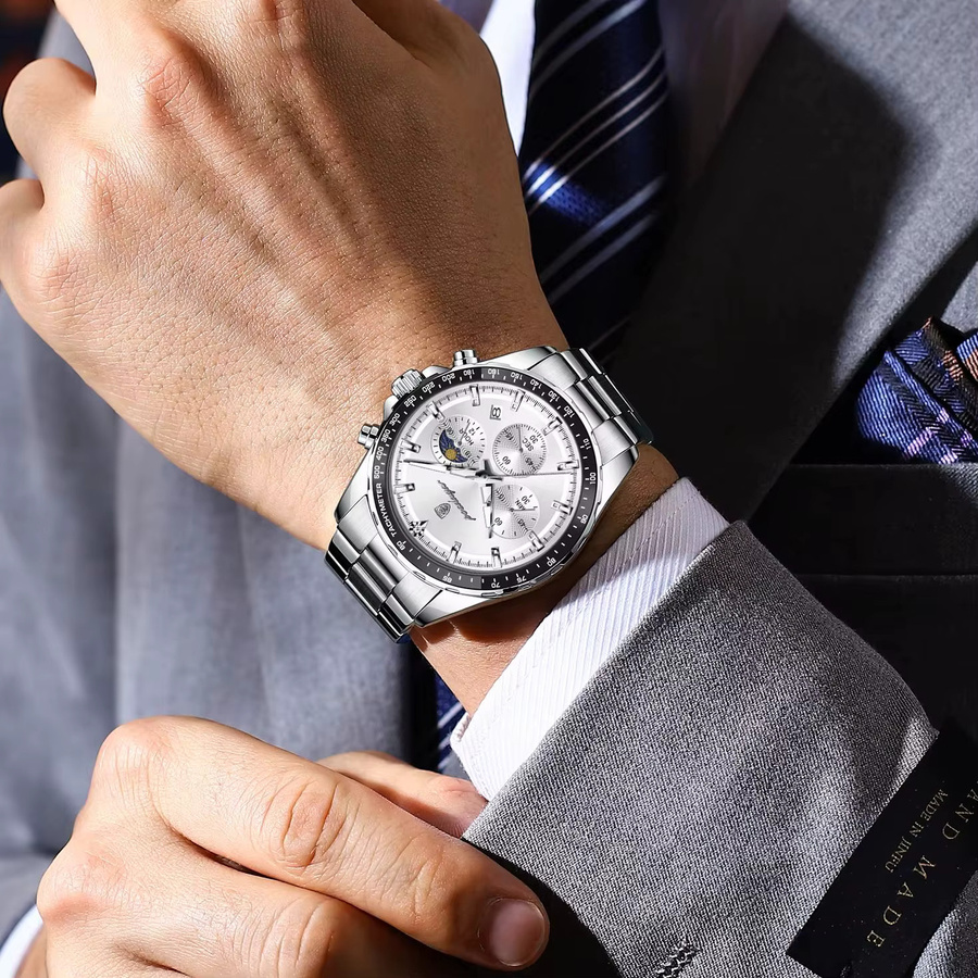 POEDAGAR Chronograph Armbanduhr, Quarz, Edelstahl, Silber, Herren - Bild 6