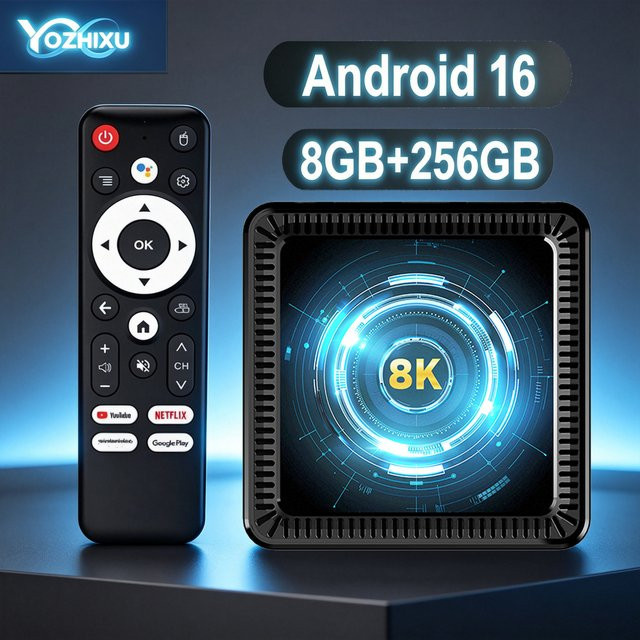 YOZHIXU Q19 Android 16 Smart TV Box mit 8GB RAM und 256GB Speicher, Media Streamer in Schwarz mit Dual Wifi6, Bluetooth 5.4 und Sprachfernbedienung, unterstützt Netflix und HDR10+ - Bild 1
