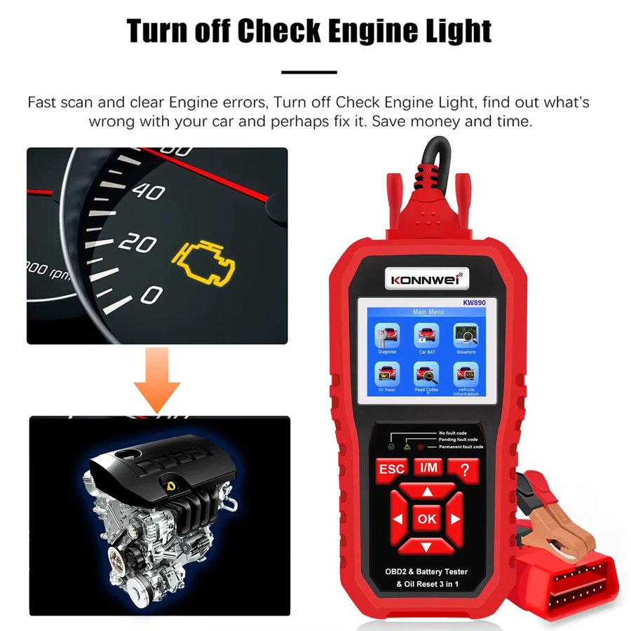 KONNWEI KW890 12V OBD2 Batterietester und Auto-Diagnosegerät mit Bluetooth in Rot - Bild 4