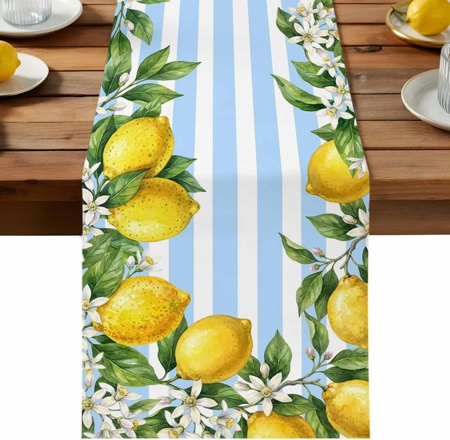 JMG Household Supplies Leinen Tischläufer mit Sommer Aquarell Zitronen und Blumen in Gelb Blau Weiß Gestreift, Breite: 150 cm, Tiefe: 33 cm - Bild 1