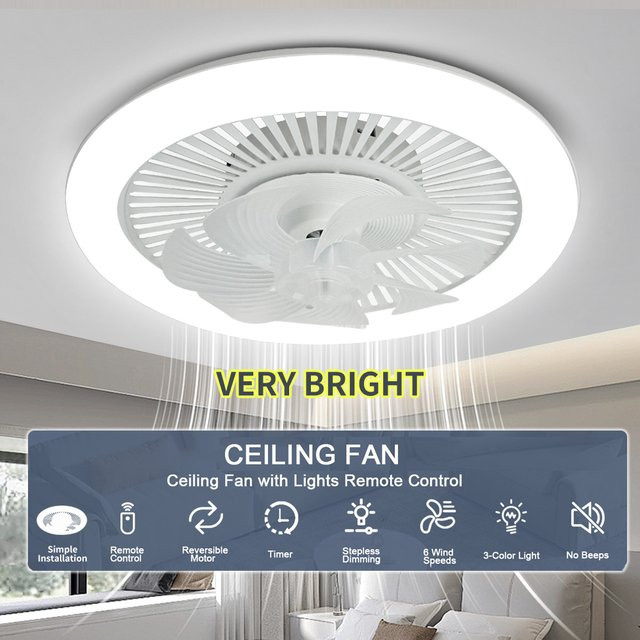 Ludengchaoshi Deckenventilator mit LED-Licht und Fernbedienung, weißer Deckenventilator mit leisem Gleichstrommotor für Wohnzimmer und Schlafzimmer, Durchmesser: 48 cm - Bild 1