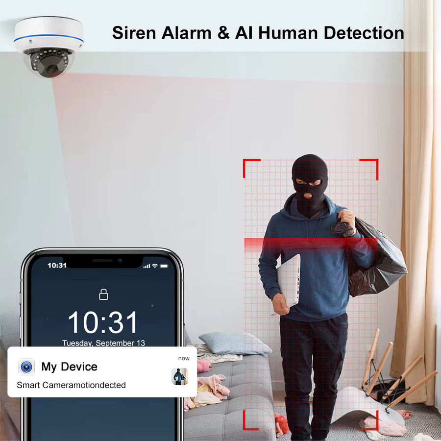 Techage 5MP POE IP-Überwachungskamera als Kuppelkamera mit 3,6 mm Brennweite, Nachtsicht, Einweg-Audio und KI-Erkennung für intelligente Sicherheit im Innenbereich, Farbe: Weiß - Bild 4