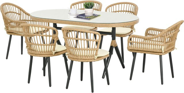 Outsunny Garten Esszimmer-Set für 6 Personen aus Polyrattan mit Glastischplatte und Kissen in Braun und Beige - Bild 1
