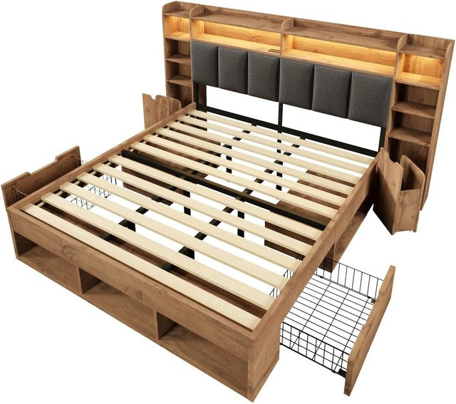 Merax Doppelbett in Eiche mit LED-Unterbettbeleuchtung, USB-C Ladeport und Stauraum durch Schubladen, B/T/H: 180 x 200 x 116 cm - Bild 1