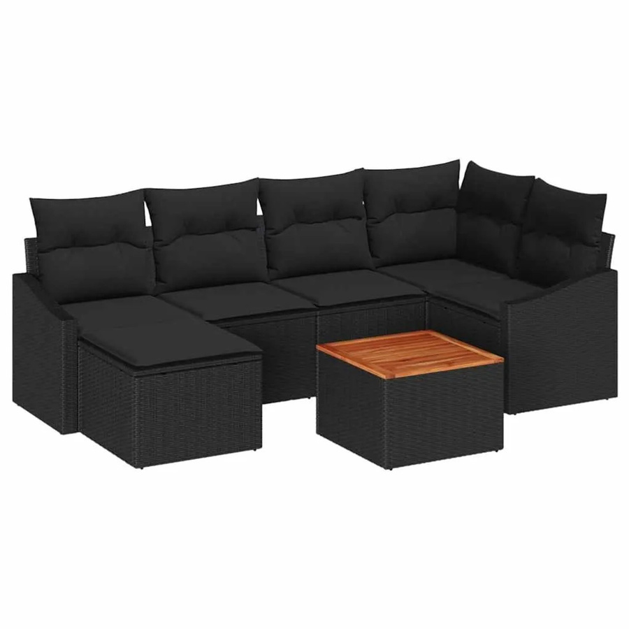 vidaXL Garten-Sofa-Set aus Poly-Rattan in Schwarz, 7-teiliges L-Shape Lounge-Set mit Kissen, Ecksofa, Armlehnen und Tisch - Bild 2