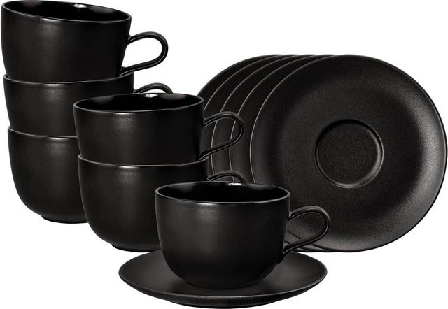Seltmann Weiden Milchkaffeetassen mit Untertassen Liberty Velvet Black aus Porzellan, 6er Set, 400 ml - Bild 1