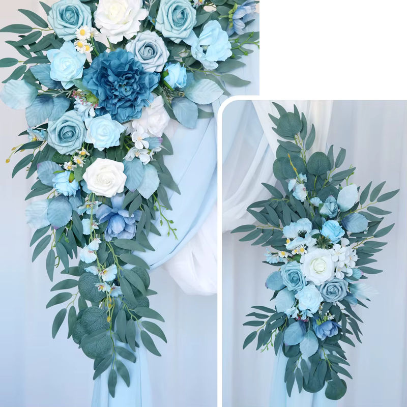 Yannew Hochzeitsbogen-Dekorationsset mit blauen und weißen künstlichen Blumen und Textildrapierung im Bohemian-Stil - Bild 3