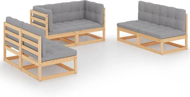 vidaXL 6-tlg Garten-Lounge-Set aus massivem Kiefernholz in L-Form mit grauen Polsterkissen - Bild 1