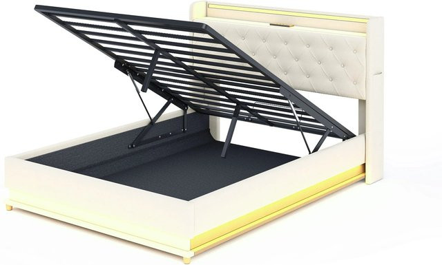 Merax Polsterbett mit LED-Beleuchtung und USB-Anschluss, Beige, B: 140 cm, H: 146 cm, T: 213 cm - Bild 1
