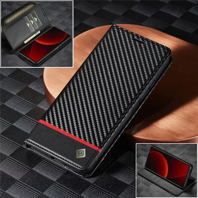 Kohlefaser Flip Wallet Handyhülle für Xiaomi 13T 12T 11T 11 Lite sowie Poco X5 X4 X3 Pro und Redmi Note 12 12s 11s 11 Pro in Schwarz - Bild 1
