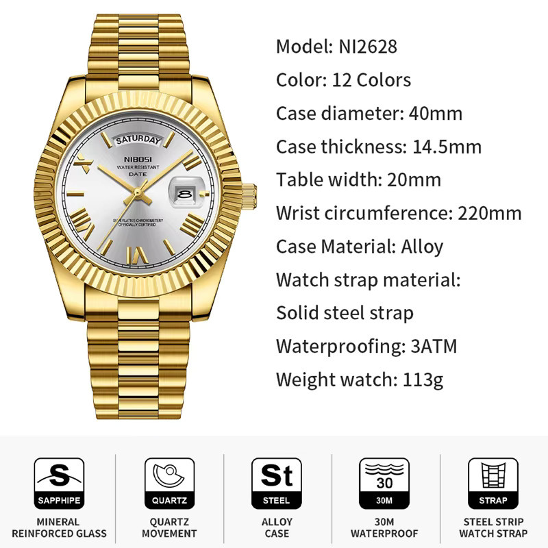NIBOSI Armbanduhr Edelstahl, Gold, Quarz, Herren - Bild 4