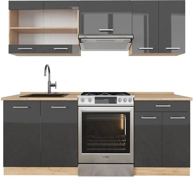 Vicco R-Line Küchenzeile Einbauküche in Anthrazit und Goldkraft Eiche Hochglanz, Breite: 200 cm - Bild 2