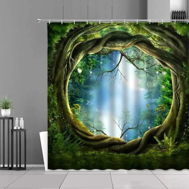Wasserfester 3D-Duschvorhang von Dunika Chen mit tropischem Wald-Motiv in Grün, B: 60 cm, H: 190 cm - Bild 1