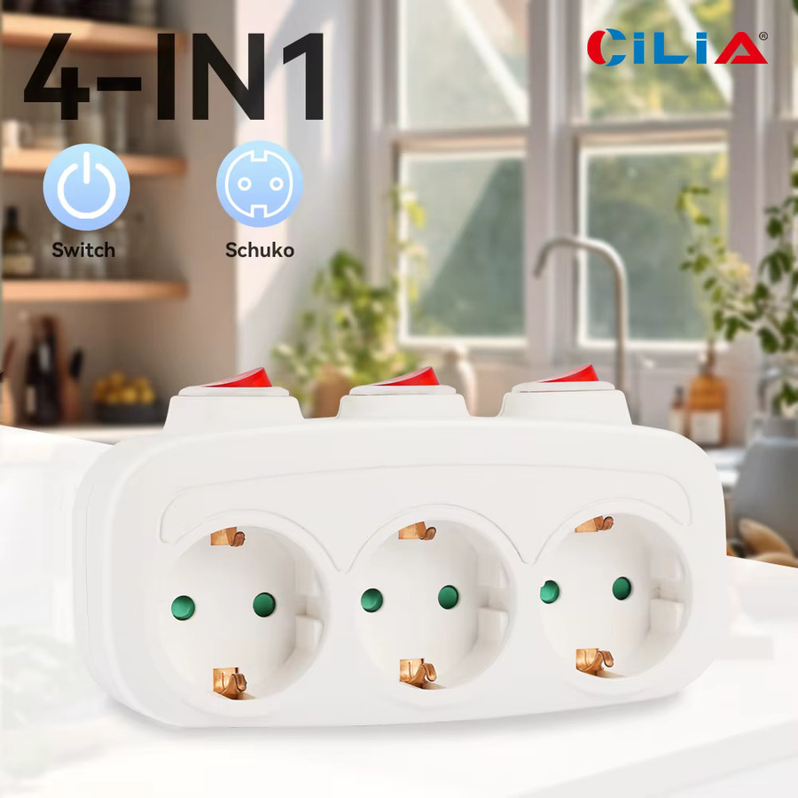CILIA 3-in-1 Wandsteckdose mit 3 Schaltern und 3 AC-Steckdosen, Mehrfachstecker in Weiß - Bild 2