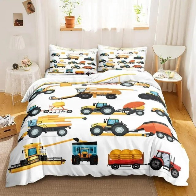 Flylo Bettwäsche Set mit Baufahrzeugen und Retro-Motiv in Gelb und Weiß, B/H: 135 x 200 cm - Bild 1