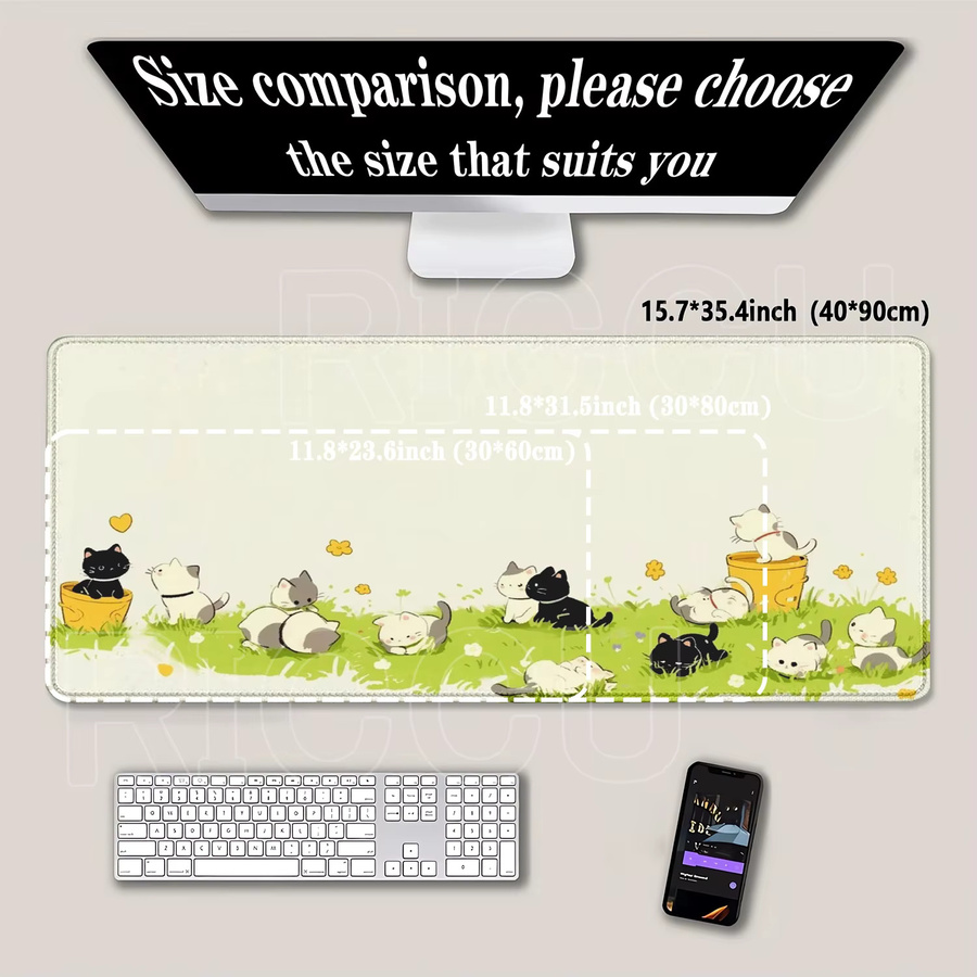 Riccu Mauspad mit schwarzem Katzen-Cartoon-Motiv in Kawaii-Design, rutschfestes Gummi, B/T: 90 x 40 cm - Bild 2