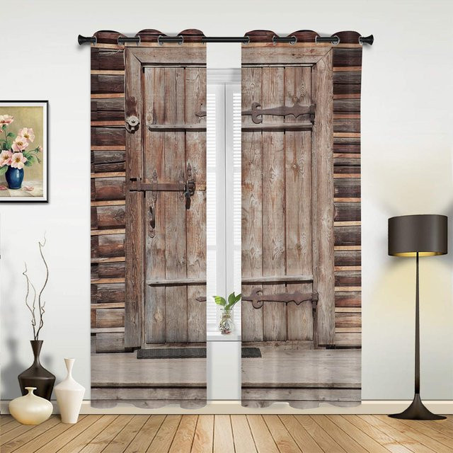 Modernes Vorhang-Set mit Holztür-Textur in Vintage-Optik, semi-transparent, Farbe: Braun, Breite: 135 cm, Höhe: 115 cm - Bild 1