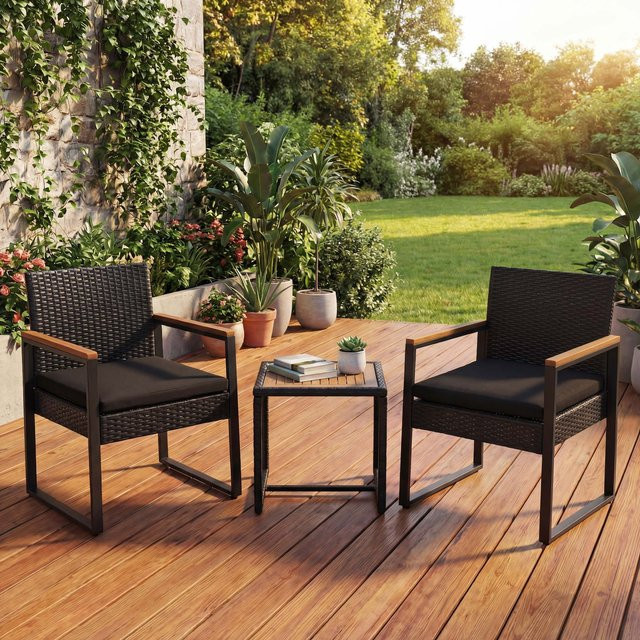 MCW Poly-Rattan Garten-Garnitur P74 mit Tisch und 2 Stühlen aus Akazienholz in Schwarz mit schwarzen Polstern - Bild 1