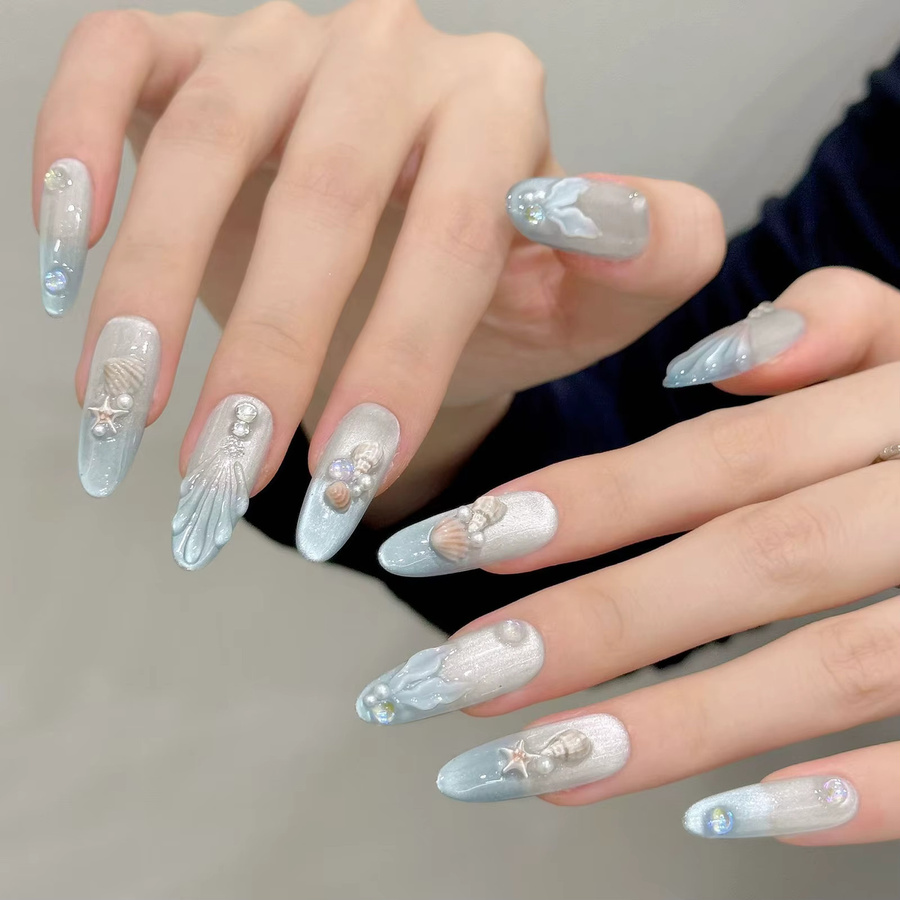 YADORNOS Press On Nails, 10 Stück, Blau, 3D Fischschwanz Dekor, Glänzend - Bild 2