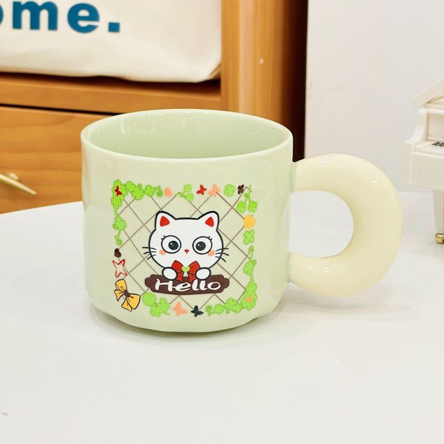 Yiran Furniture Keramiktasse mit Katten-Design, Becher mit Deckel und Löffel, Grün/Mehrfarbig, 480 ml - Bild 1