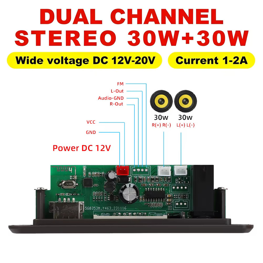 KEBIDU 60W Bluetooth 5.3 MP3 Decoder Board mit FM-Radio und Mikrofonanschluss in Schwarz - Bild 5