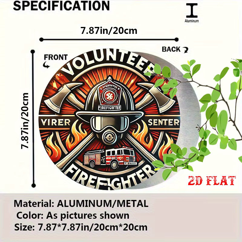 Potdemiel Metall-Blechschild Feuerhelm mit Flammen und Feuerwehrauto Design, Rund, Durchmesser: 20 cm, Mehrfarbig - Bild 2