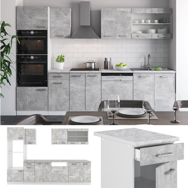 Vicco R-Line Küchenzeile Beton in Grau und Weiß mit Marmor Arbeitsplatte, Breite: 300 cm, Höhe: 207 cm, Tiefe: 60 cm - Bild 1