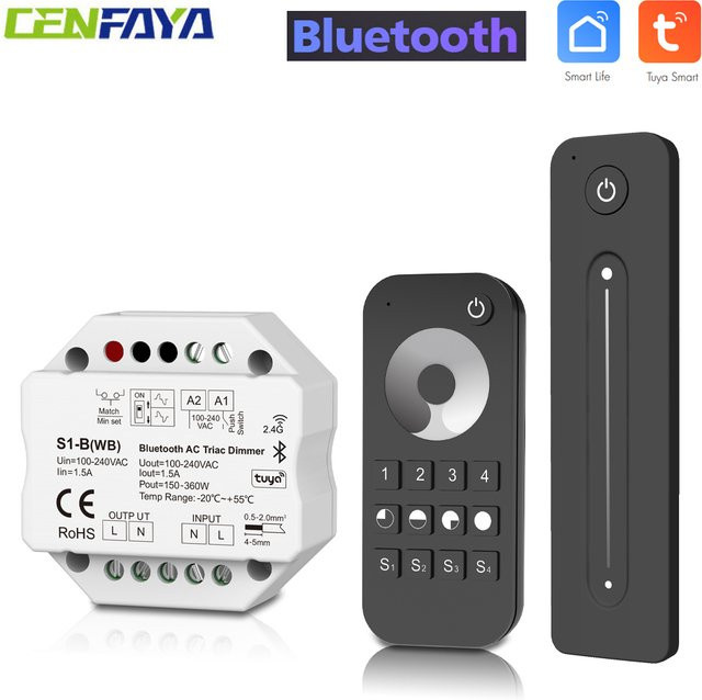 CENFAYA Triac AC Dimmer Lichtschalter mit Push Control, Smart LED Dimmer in Weiß, Steuerung via Tuya App, Bluetooth, Sprache und 2,4G RF Fernbedienung - Bild 1