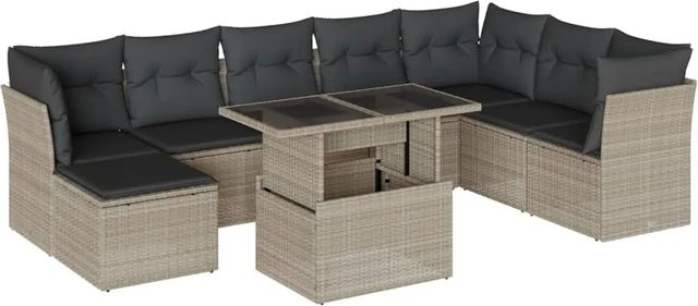 vidaXL 9-tlg. Garten-Sofagarnitur in L-Form aus Polyrattan mit Kissen in Hellgrau - Bild 1