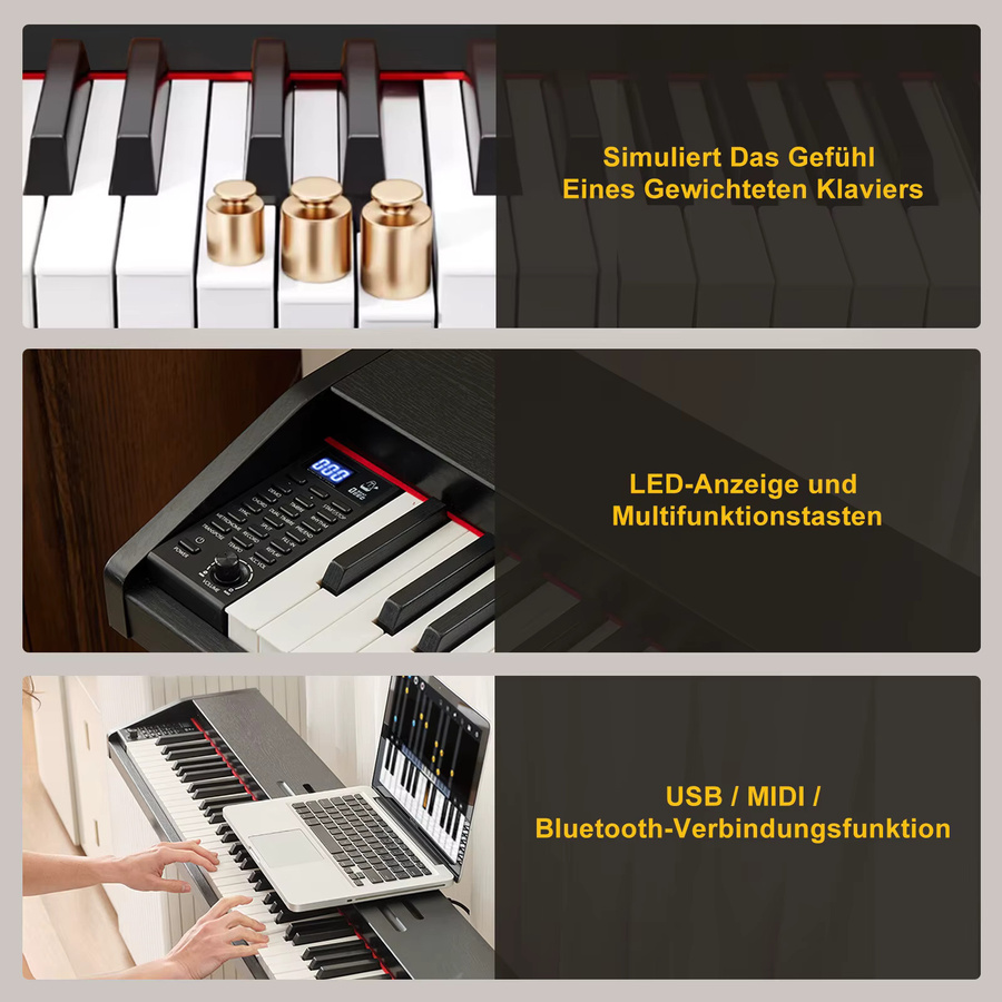 MUSTAR Digitalpiano Set mit 88 Tasten und Hammermechanik in Schwarz inklusive Klavierbank, Ständer und 3 Pedalen mit MIDI-USB-Anschluss - Bild 4