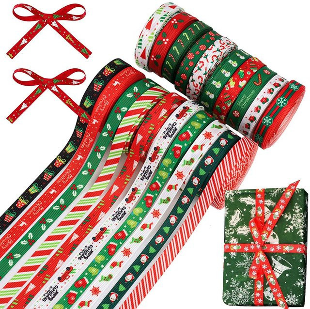 Bedrucktes Weihnachts-Ripsband für Geschenkverpackungen und Weihnachtsbaumdeko, 10 Yards, Mehrfarbig - Bild 1