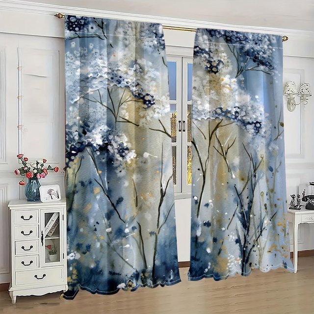 Yiran Furniture Blumenmuster Vorhänge mit Stangentasche, 2er-Set, Grau/Blau, semi-transparent, Breite: 65 cm, Höhe: 60 cm - Bild 1
