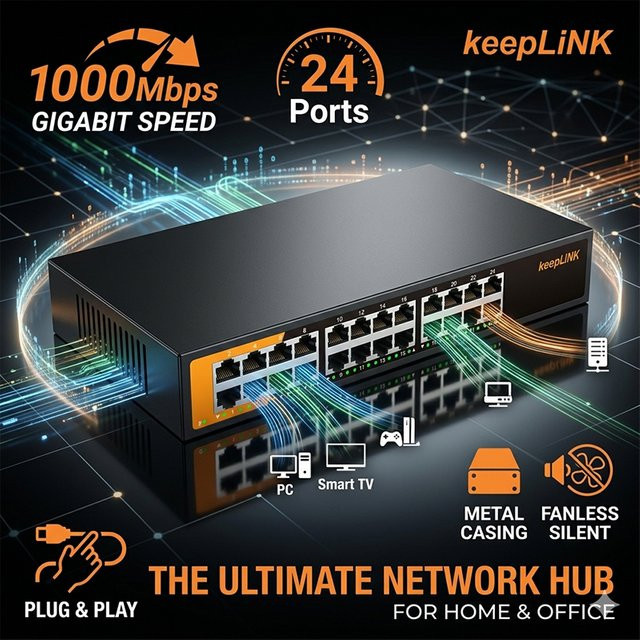 KeepLiNK 24-Port Gigabit-Switch, unmanaged Ethernet-Netzwerk-Switch, 10/100/1000 Mbit/s, lüfterlos, Metall, Schwarz - Bild 1