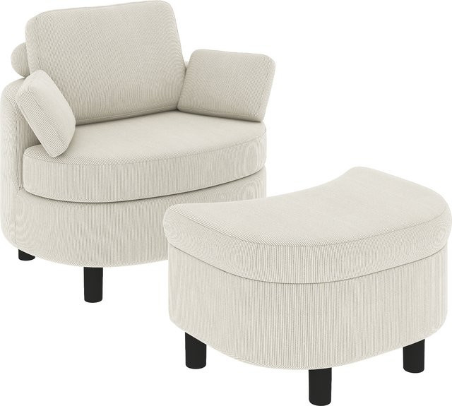 HOMCOM Loungesessel mit Aufbewahrungshocker in Cremeweiß, Polstersessel aus Cord-Optik mit verstellbarer Kopfstütze und Holzrahmen - Bild 1